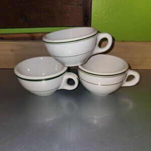 Set of 3 Similar Restaurant/Cafe Style Coffee Mugs Green White Standard Size